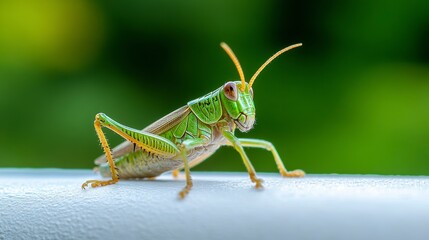Fototapeta premium Close-up of a vibrant green grasshopper perched on a railing with a blurred natural background