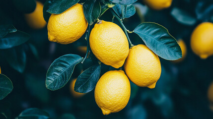 Tree with bunch of fresh lemons hanging from branches symbolizing growth abundance vitality and natural beauty in a modern setting