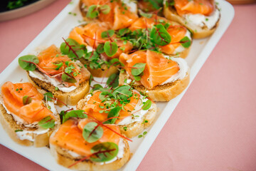 Delicious bruschetta with salmon on a white plate. Salmon toast with cream cheese and microgreens. Healthy food, health benefits, omega 3, fish oil. Natural, delicious and healthy seafood