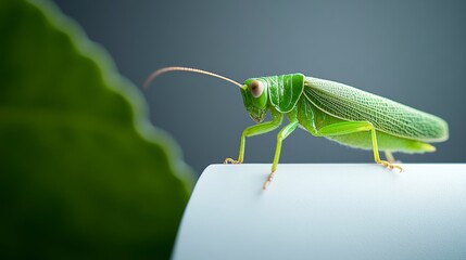 Close-up of a vibrant green grasshopper perched on a white surface with blurred foliage background
