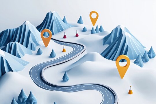 A stylized landscape featuring a winding road, mountains, and location markers, creating a vibrant and playful travel scene.