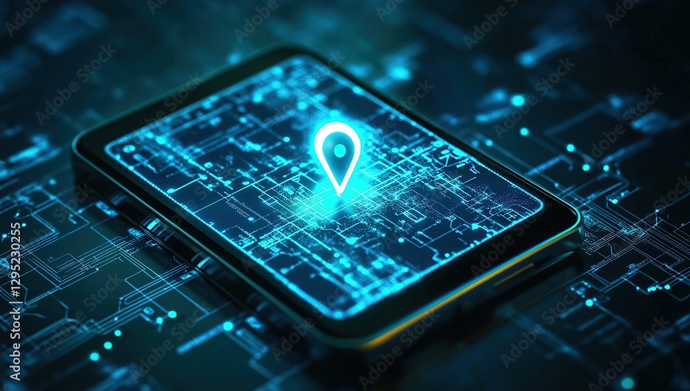 Poster glowing location pin on smartphone screen with circuit board background