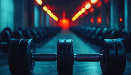 Gym dumbbells in a dark corridor