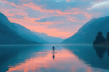 Man paddleboarding on serene lake at sunset, surrounded by majestic mountains. Perfect for travel, adventure, and relaxation themes.
