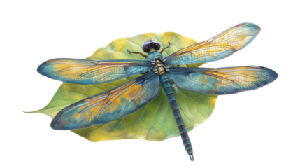 Colorful dragonfly resting on a leaf with transparent background