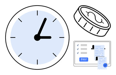 Clock showing time management, coin symbolizing money, and online payment confirmation. Ideal for finance, business planning, efficiency, productivity, budgeting digital payments time value. Simple