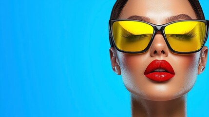 Close Up Portrait Woman Yellow Sunglasses Red Lips Blue Background