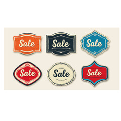 Vintage sale signs, simple retro design, orange red blue creme, old signs, elements set, for sale