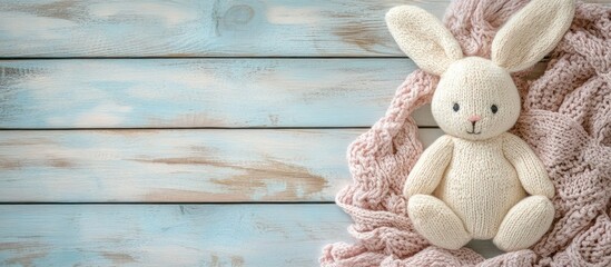 Fototapeta premium Knitted Bunny on Pastel Wood