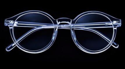 A pair of clear, round glasses displayed against a dark background.