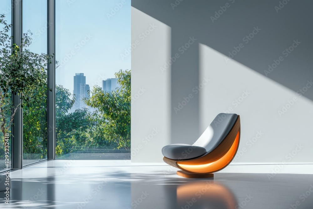 Poster elegant minimalist lounge chair design in a modern studio captured with soft diffused light and shal