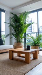 Fototapeta premium Serene minimalist living space showcase urban apartment interior photography bright daylight wide angle emphasizing open space and simplicity