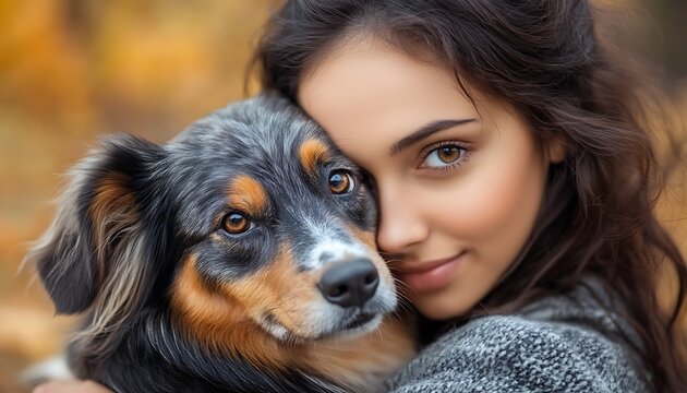 The woman is cuddling and hugging her dog lovingly outside