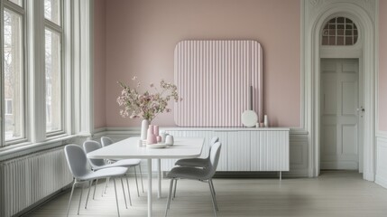 Pastel pink dining room with white table, chairs, and sideboard; floral arrangement.