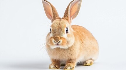Fototapeta premium Light Brown Rabbit with Speckled Fur Sitting on White Background