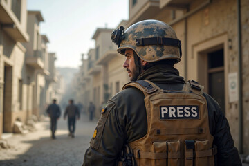 War photographer in a bulletproof vest and helmet with PRESS on the back, outdoor setting in a conflict zone