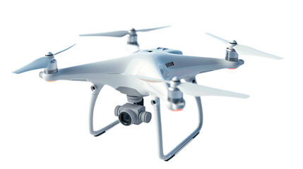 White professional drone hovering with rotating blades on transparent background