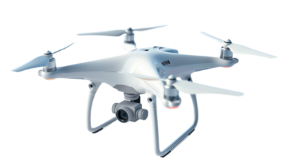 White professional drone hovering with rotating blades on transparent background
