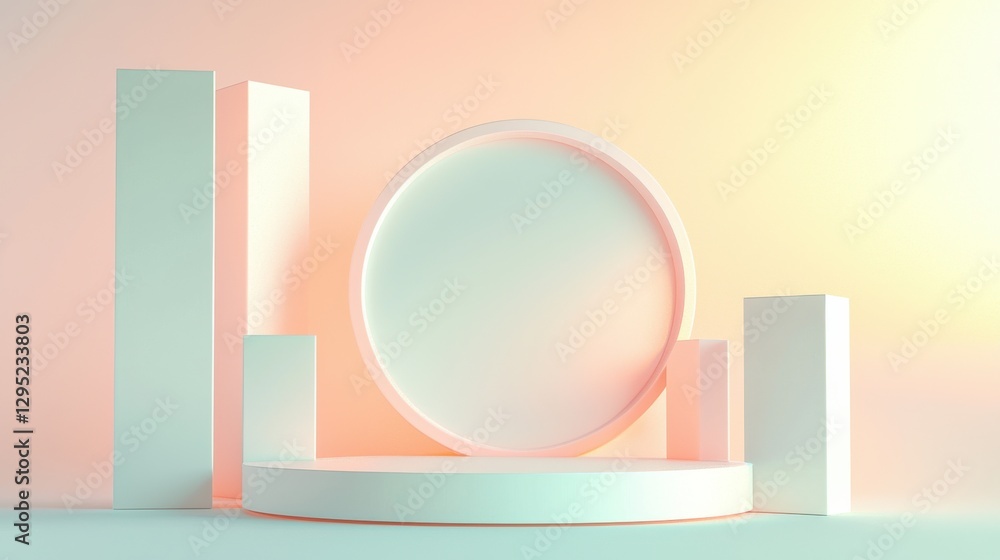 Poster a minimalistic composition featuring geometric shapes, including a circular platform and rectangular