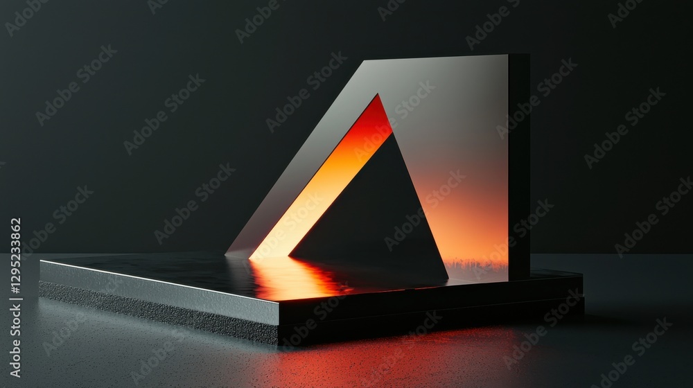 Poster a modern, geometric sculpture with a gradient light effect, showcasing sharp angles and a sleek desi
