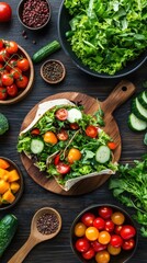 Fresh plant-based lunch wraps with colorful veggies on rustic wooden table in bright daylight for healthy eating inspiration