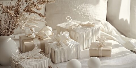 Cozy Christmas setup with wrapped gifts and ribbons.