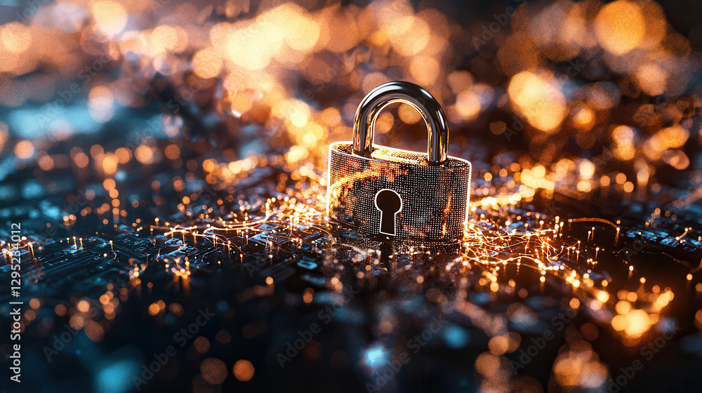 Poster digital padlock symbolizing cybersecurity with glowing circuits