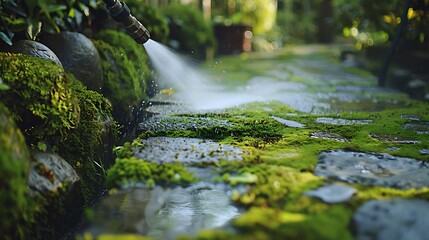 Fototapeta premium A high-pressure washer spraying a jet of water to clean a moss-covered stone pathway.