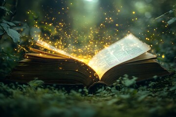 Fototapeta premium Magical book, forest, sparks, fantasy, cover