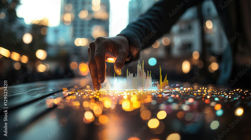 Poster futuristic data visualization with hand interacting with 3d graphs, glowing lights, and urban backgr