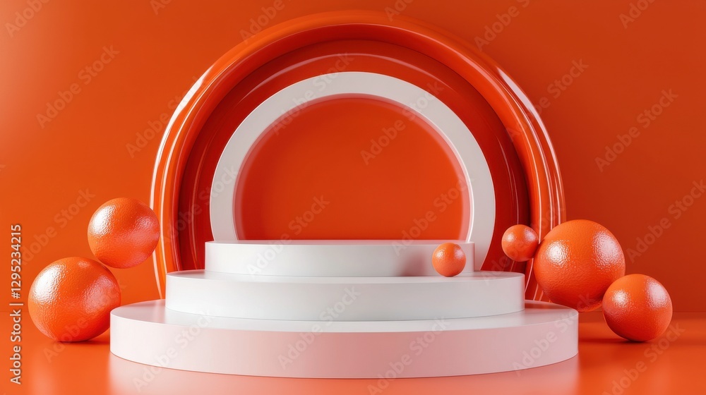 Poster a vibrant arrangement of circular shapes and spheres in orange and white, creating a modern, artisti