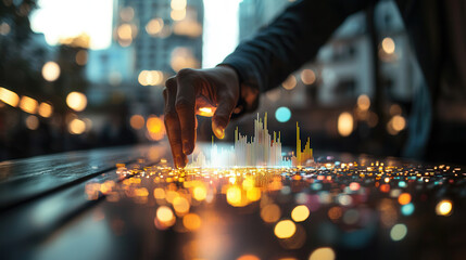 Futuristic data visualization with hand interacting with 3D graphs, glowing lights, and urban background creates captivating scene