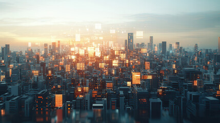 Fototapeta premium Futuristic smart city skyline with glowing holographic interfaces at sunset