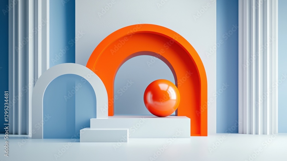 Poster a modern abstract composition featuring colorful arches and a sphere, set against a minimalistic bac