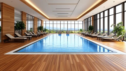 Modern Indoor Pool with Scenic View and Wooden Decking