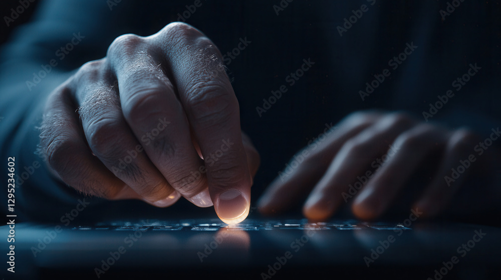 Poster hand interacting with futuristic touchscreen interface in low light. glowing touch creates captivati