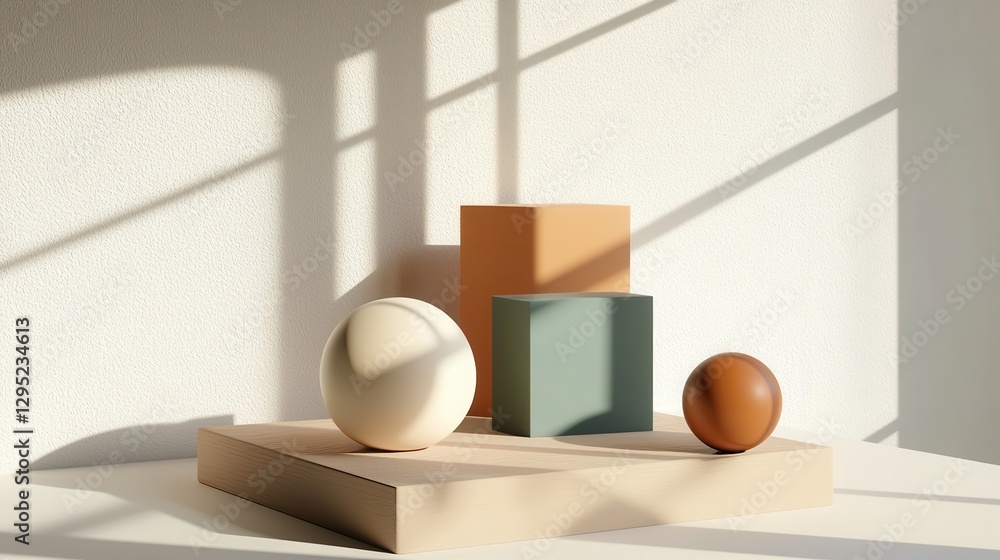 Poster a serene composition of geometric shapes in soft colors, illuminated by natural light, creating a ca