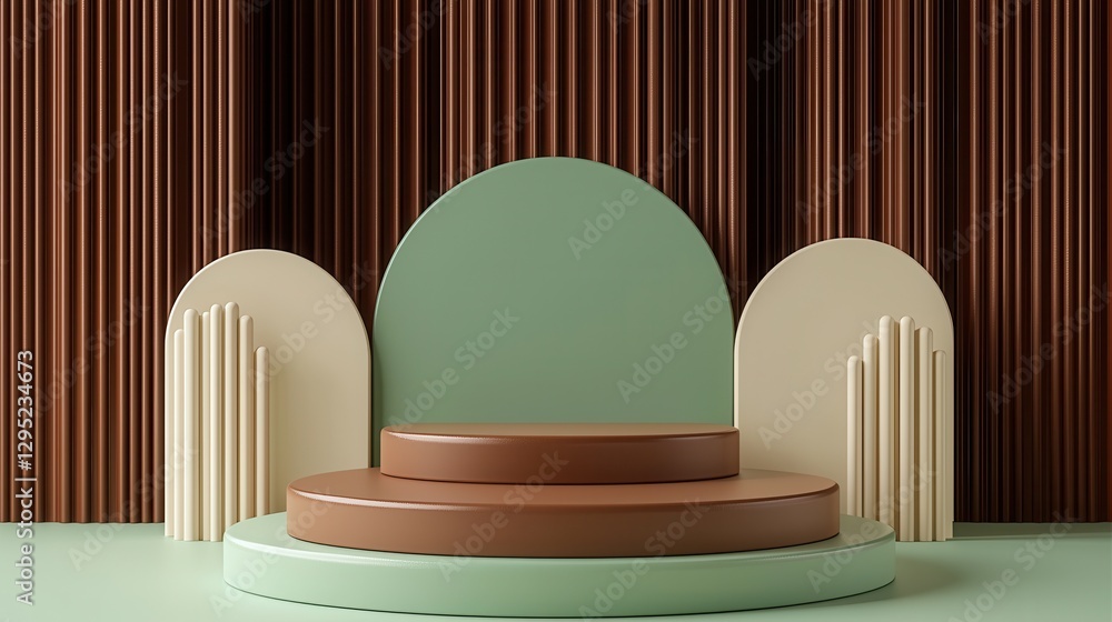 Poster a modern display featuring layered geometric shapes and a soothing color palette, set against a text