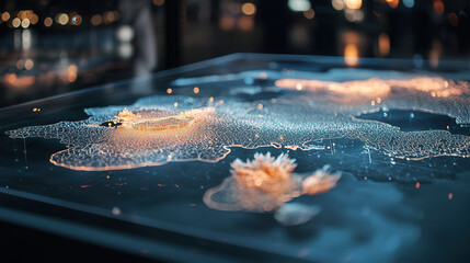 glowing holographic map with intricate details and backlighting, showcasing vibrant representation of geographical features and urban areas
