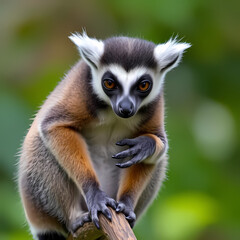 Obraz premium Curious Black-and-White Ruffed Lemur Clinging to Branch / Lémur rufo blanco y negro curioso aferrado a la rama