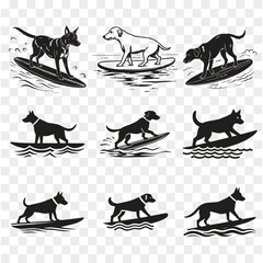 set of dogs silhouettes with Surfing in a water black vector and illustration Clean white background