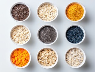 Quick breakfast recipes colorful bowls of oatmeal in a bright kitchen morning light overhead perspective