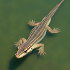 Obraz premium Gliding Striped Lizard Over Shallow Green Water / Lagarto rayado deslizándose sobre agua verde poco profunda