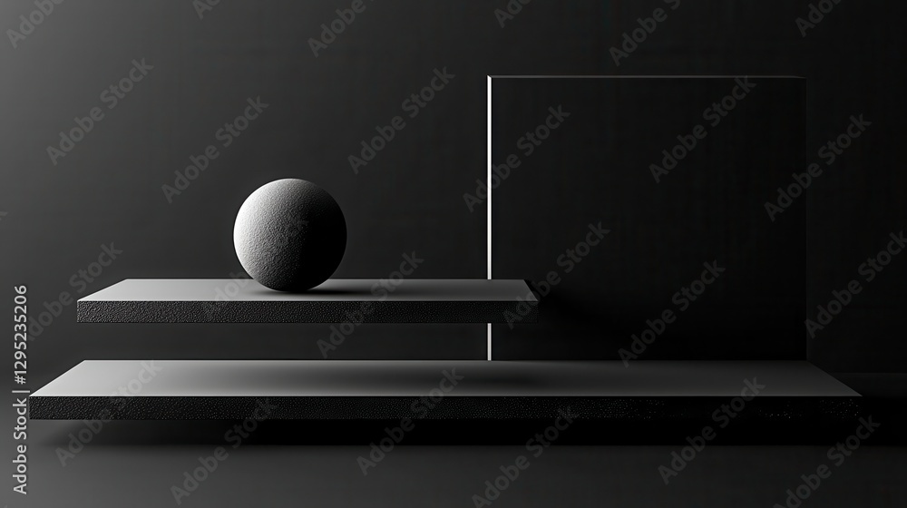 Poster a minimalist composition featuring geometric shapes: a sphere and squares on layered platforms again
