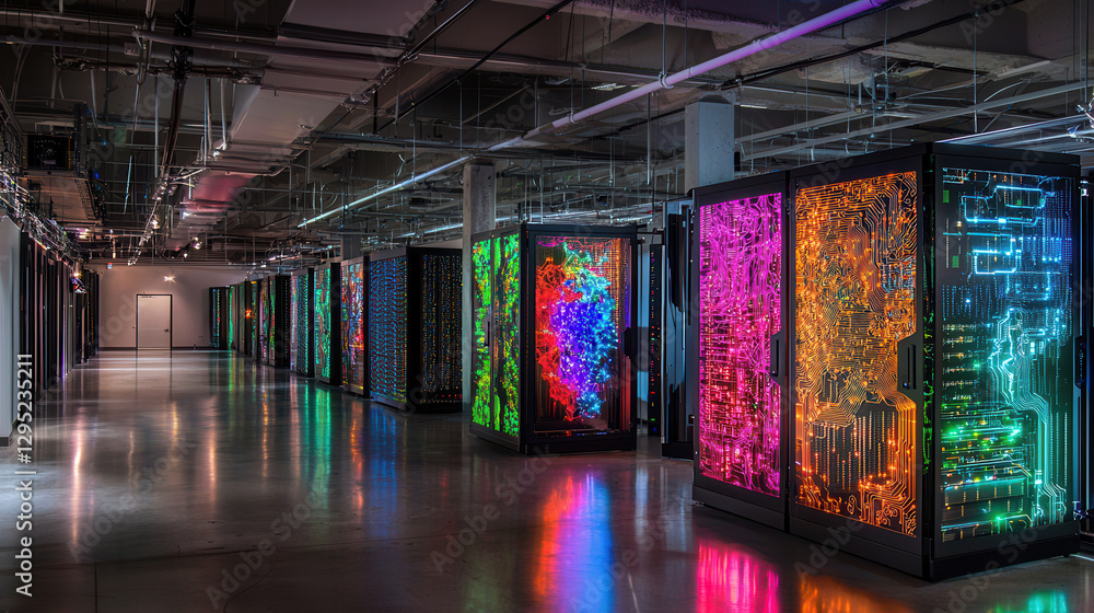 Poster quantum computing server room with glowing circuit designs, showcasing advanced technology and vibra