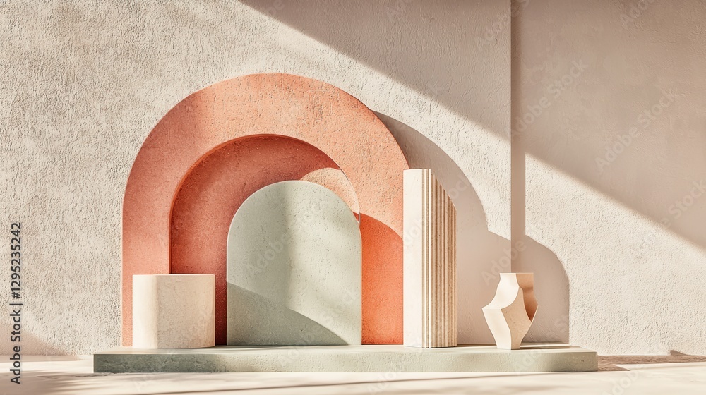 Poster a minimalist interior scene featuring abstract shapes and soft colors, creating an artistic and harm