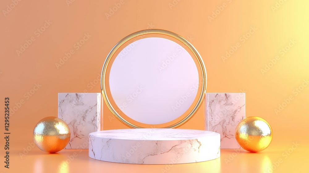 Poster a stylish, minimalistic display featuring a circular mirror on a marble pedestal, complemented by go