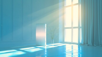 An innovative air purifier glowing softly in a bright, tidy room, symbolizing clean air.

