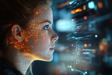 Woman's face overlaid with glowing circuits, futuristic digital interface in background. Illustrates AI, technology, or human-computer interaction concepts.
