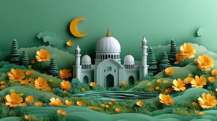 Serene paper-cut mosque nestled in a vibrant green landscape at night, adorned with yellow flowers and a crescent moon.